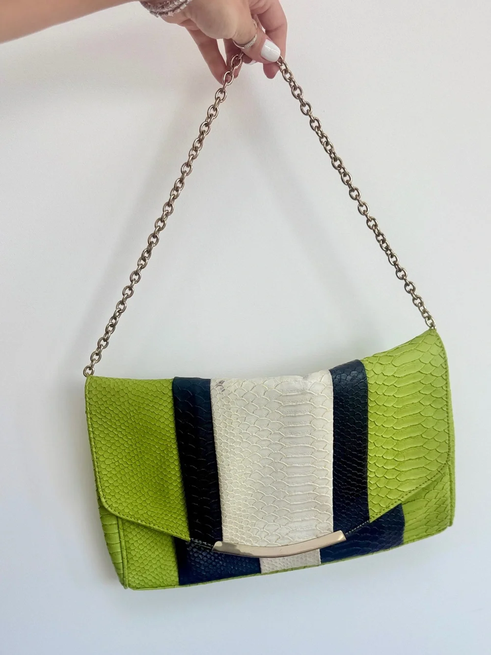 VINTAGE STRIPED SNAKE SKIN PYTHON Green color block contrast Shoulder Bag
